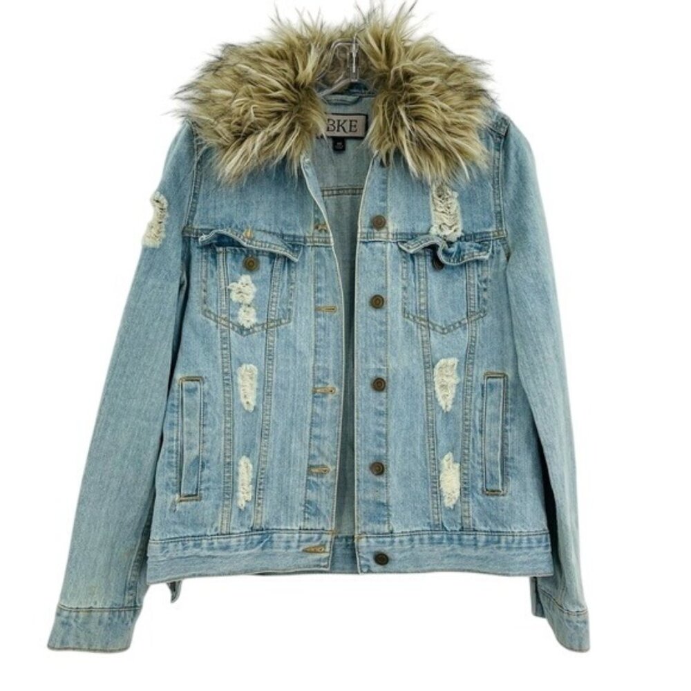 Buckle BKE Trucker Denim Jacket Womens XS Blue Distressed Faux Fur‎ Boyfriend